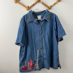 Vintage Bobbie Brooks school themed embroidered denim button down 2/3X